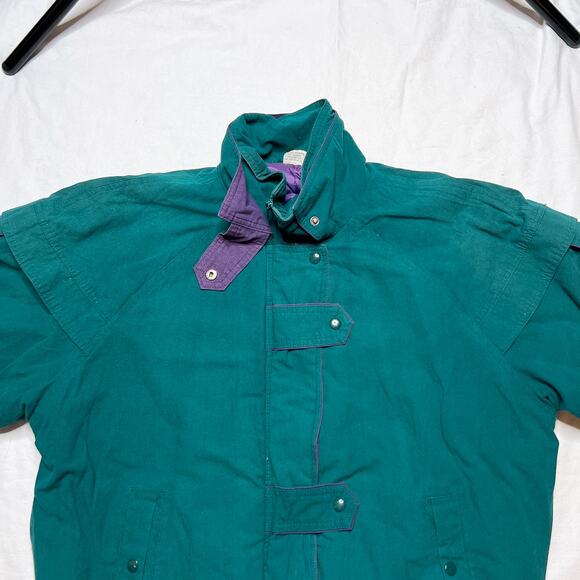 Vintage 80s Puffy Jacket Green Purple High Neck Women's Large Retro Streetwear - Picture 4 of 7